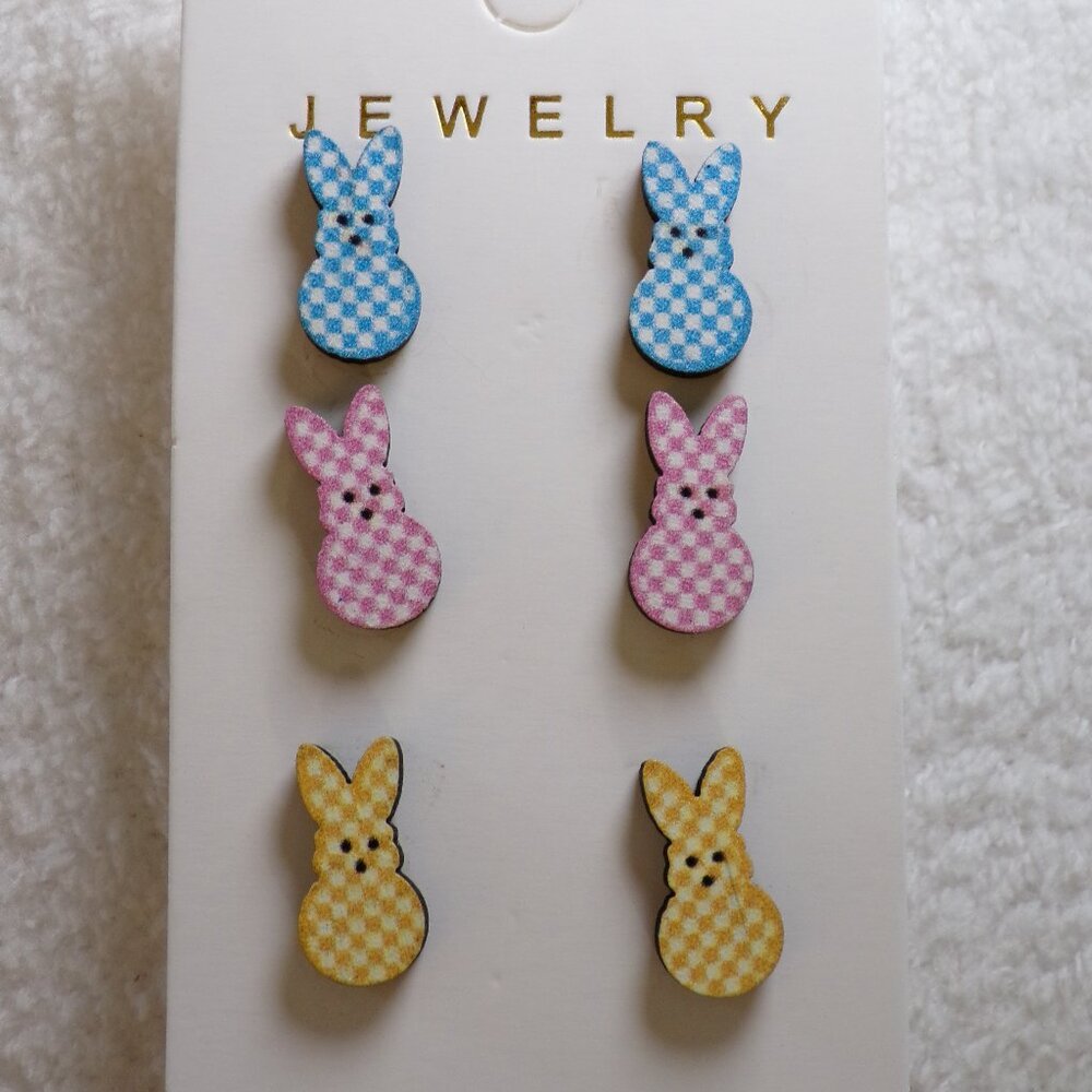 3PR Checkered Easter Peeps Bunny Earrings NEW